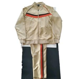 Jian Wang 2XL Men's 2 Pc Retro Zip Up Pockets Beige Striped Trim Track Suit
